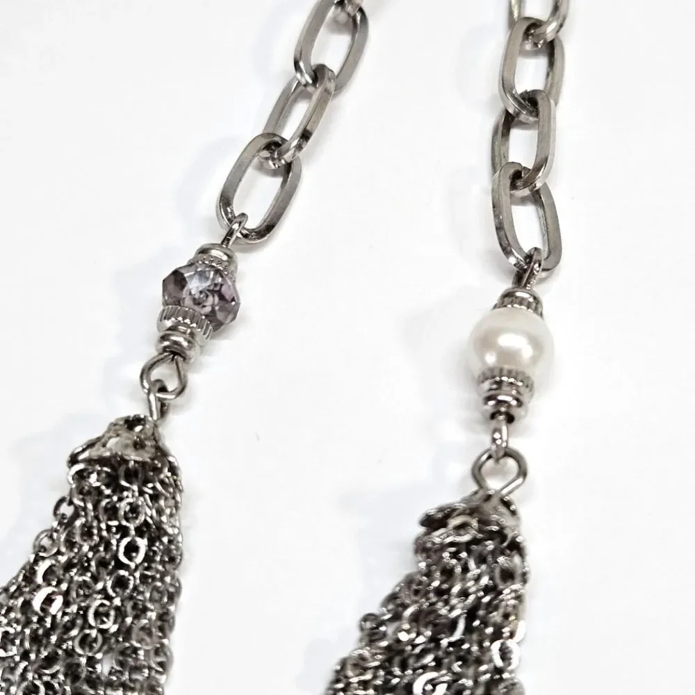 VINTAGE Premier Designs Silver Tone Beaded Tassel Long Chain Necklace - Picture 4 of 9